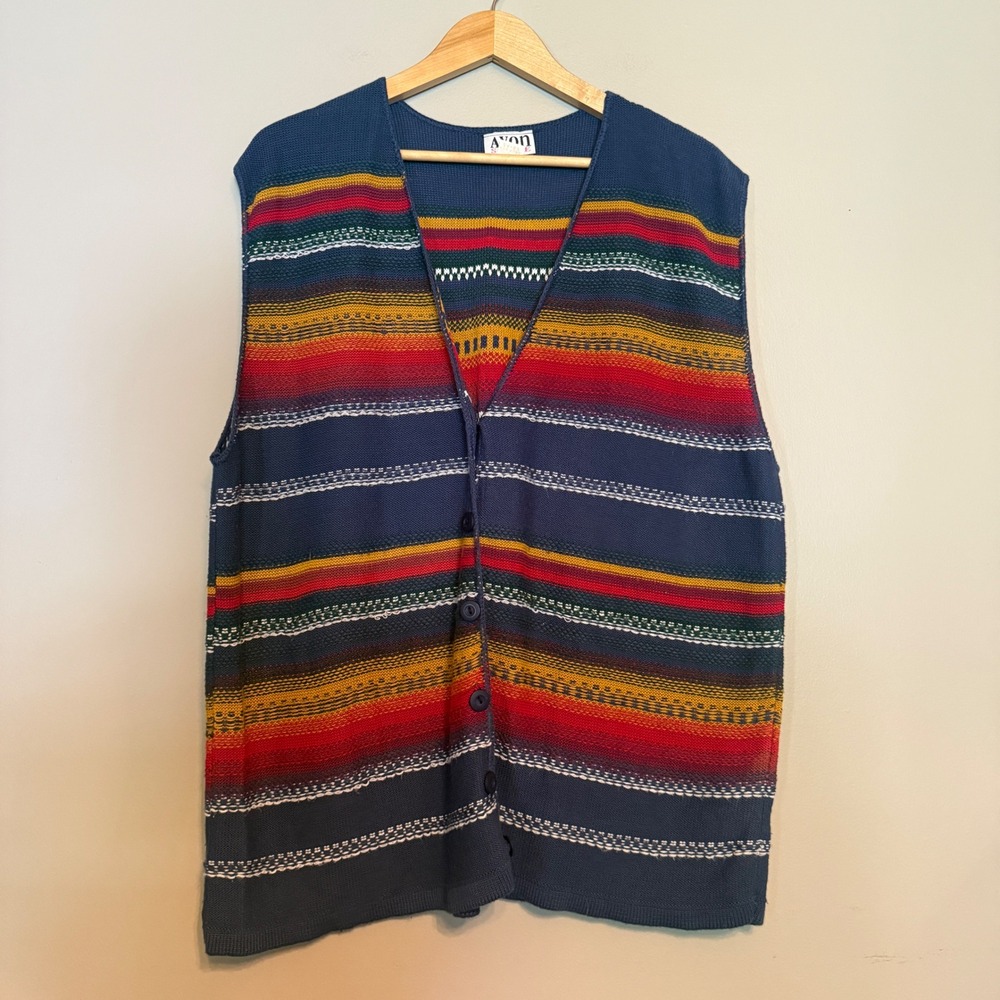 Avon‎ Style Vintage 90s Knit Sweater Vest Multi Color Stripe Button Front 2X-3X
